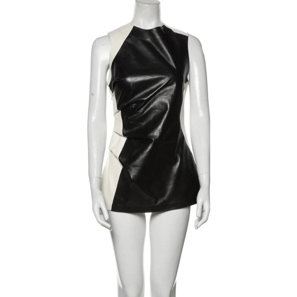 $1590 PROENZA SCHOULER BLACK WHITE RUCHED LEATHER TOP DRESS SIZE 8